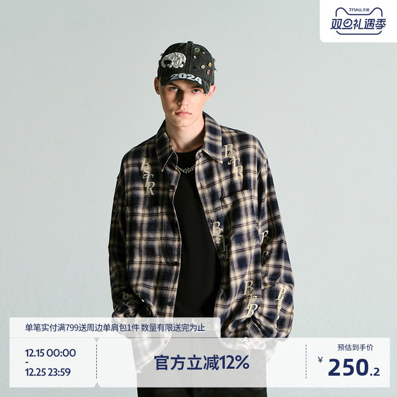 BEASTER植绒满印logo格纹衬衫