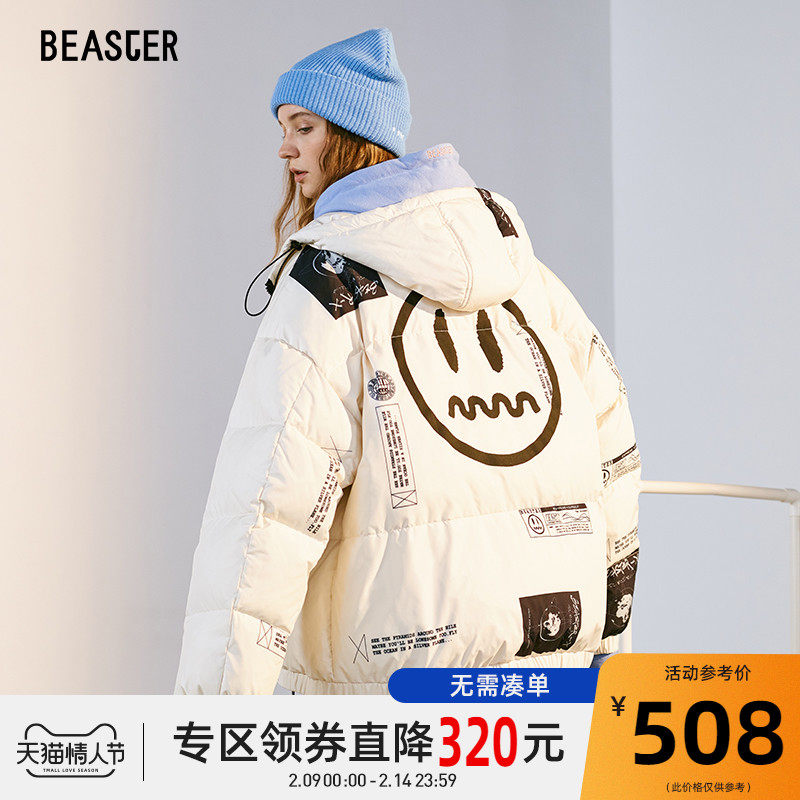 BEASTER小恶魔鬼脸连帽羽绒服男印花国潮白鸭绒休闲防风保暖外套