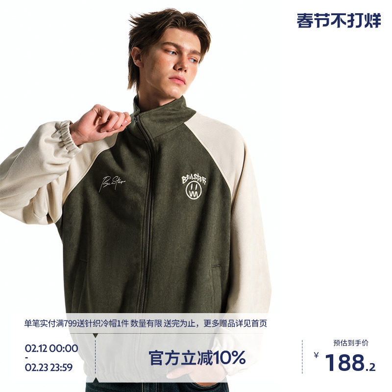 BEASTER鬼脸刺绣图案夹克男秋季新款美式麂皮绒宽松休闲拼色外套