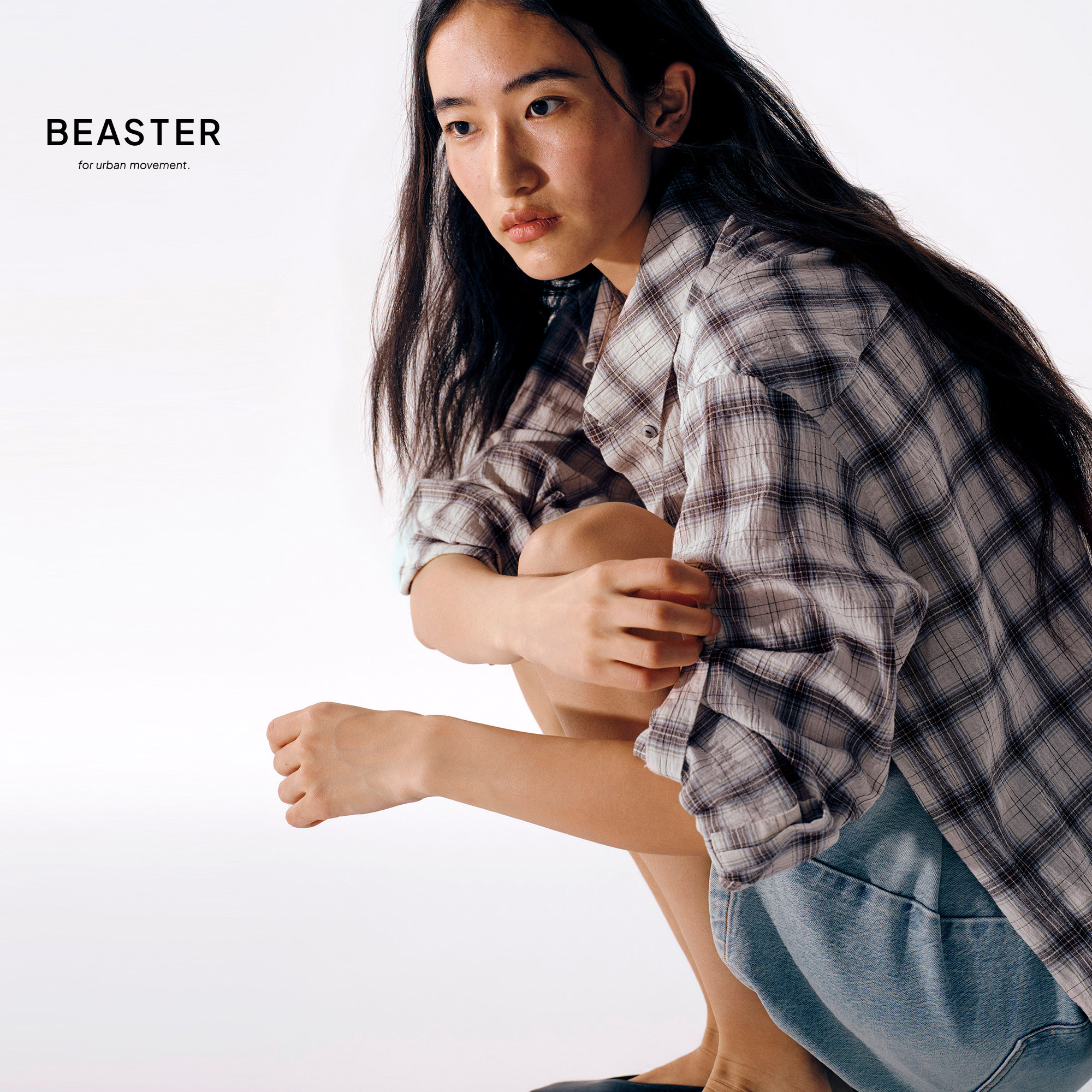 BEASTER「微皱色织格纹」宽松薄软翻领长袖衬衫图片