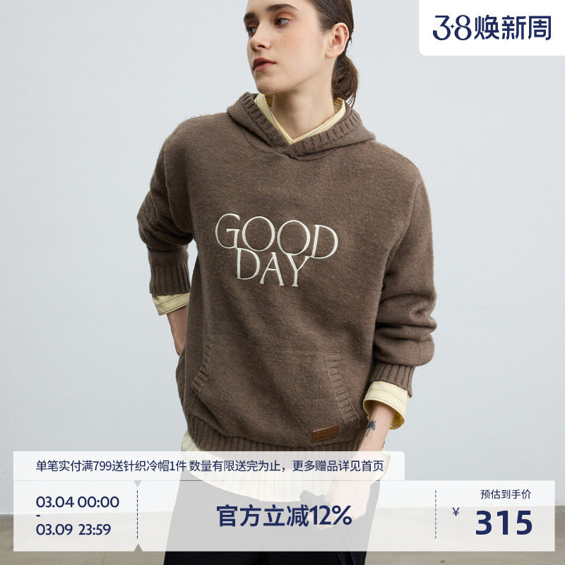 BEASTER美式刺绣连帽毛针织衫男女情侣款秋咖色百搭大口袋毛衣