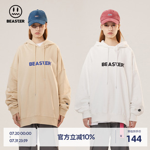 BEASTER字母印花潮牌白色重磅卫衣宽松户外加绒美式 连帽上衣外套