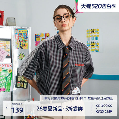 BEASTER撞色拼接落肩短袖衬衫