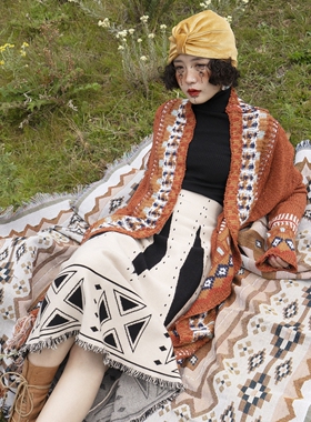 猫之旅店 秋冬季波西米亚流苏开衫民族风中长款毛衣宽松针织外套