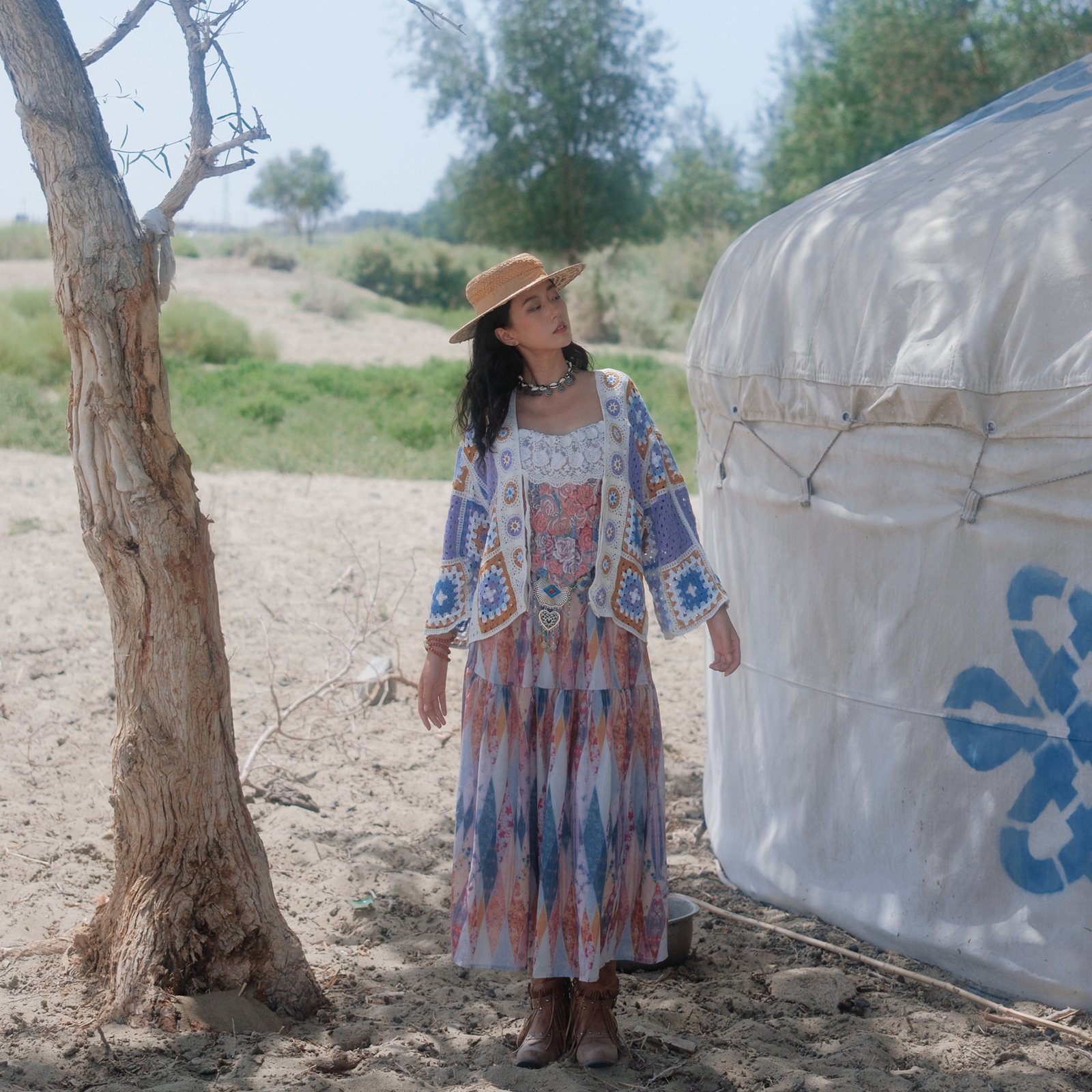 民族风针织外套手工祖母格钩花