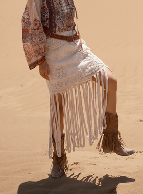 猫之旅店 嬉皮度假风中长裙波西米亚钩花镂空流苏刺绣半身裙高腰