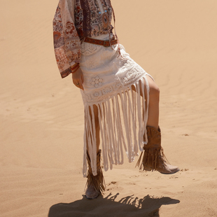 猫之旅店 嬉皮度假风中长裙波西米亚钩花镂空流苏刺绣半身裙高腰