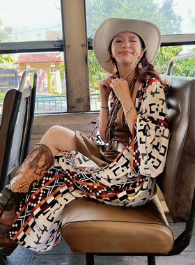 波西米亚开衫度假风几何印花带腰带沙滩连衣裙民族风防晒人棉外套