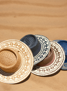 猫之旅店 度假沙滩帽民族风花编遮阳帽百搭出游防晒宽檐平顶草帽