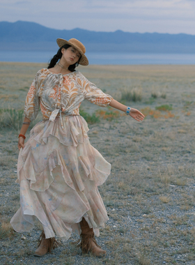 猫之旅店 法式复古碎花上衣清新植物印花七分袖系带慵懒风衬衫