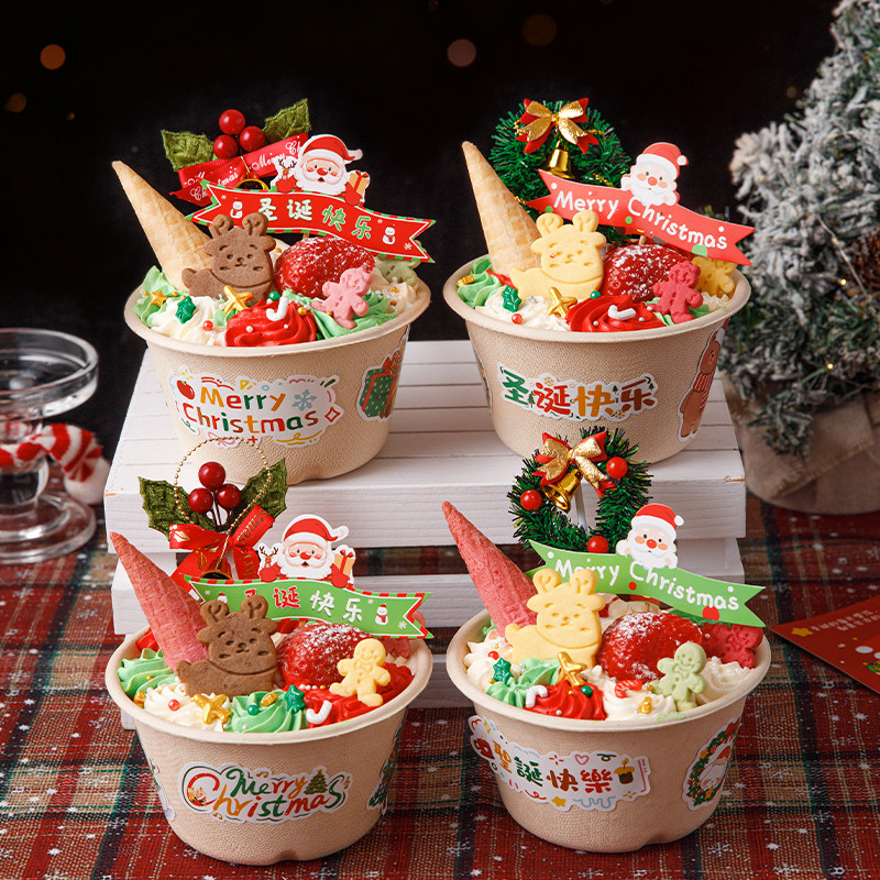 圣诞节纸浆碗蛋糕装饰麋鹿姜饼人饼干圣诞节快乐草圈叶子插牌插件