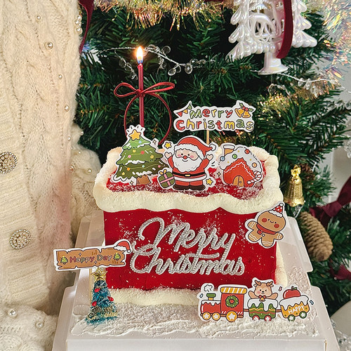 2025圣诞节蛋糕装饰圣诞老人麋鹿小火车毛毡水钻笔直蜡烛插牌插件