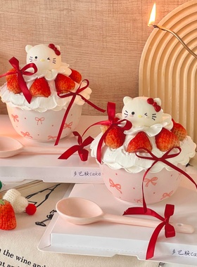 网红圣诞节新年kt猫蝴蝶结草莓碗蛋糕装饰helloKitty陶瓷碗甜品碗
