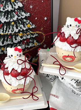 网红圣诞节新年草莓碗蝴蝶结KT猫蛋糕装饰摆件苹果小狗陶瓷碗装扮