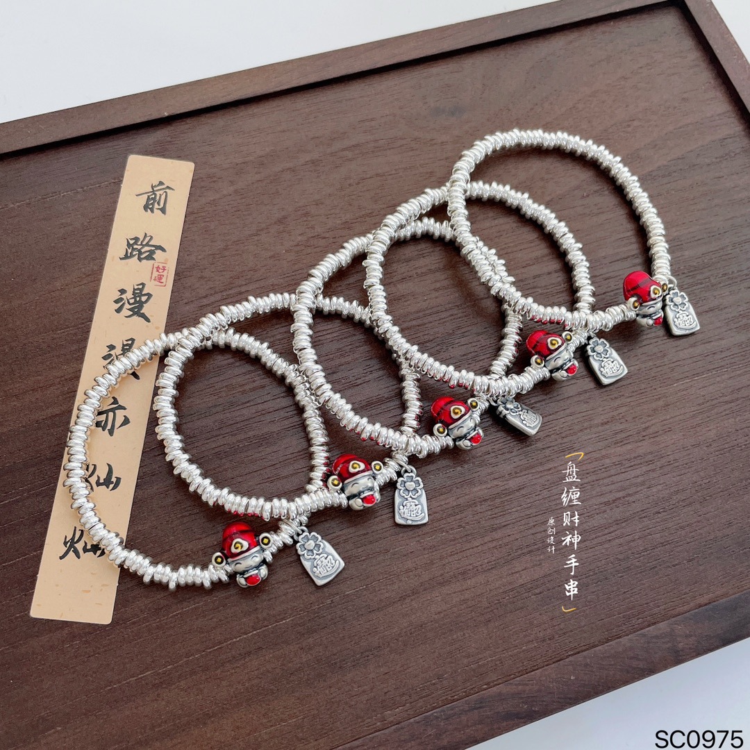 足银999珐琅烤漆财神手链 国潮女藏式平安喜乐戒指转运珠招财手饰