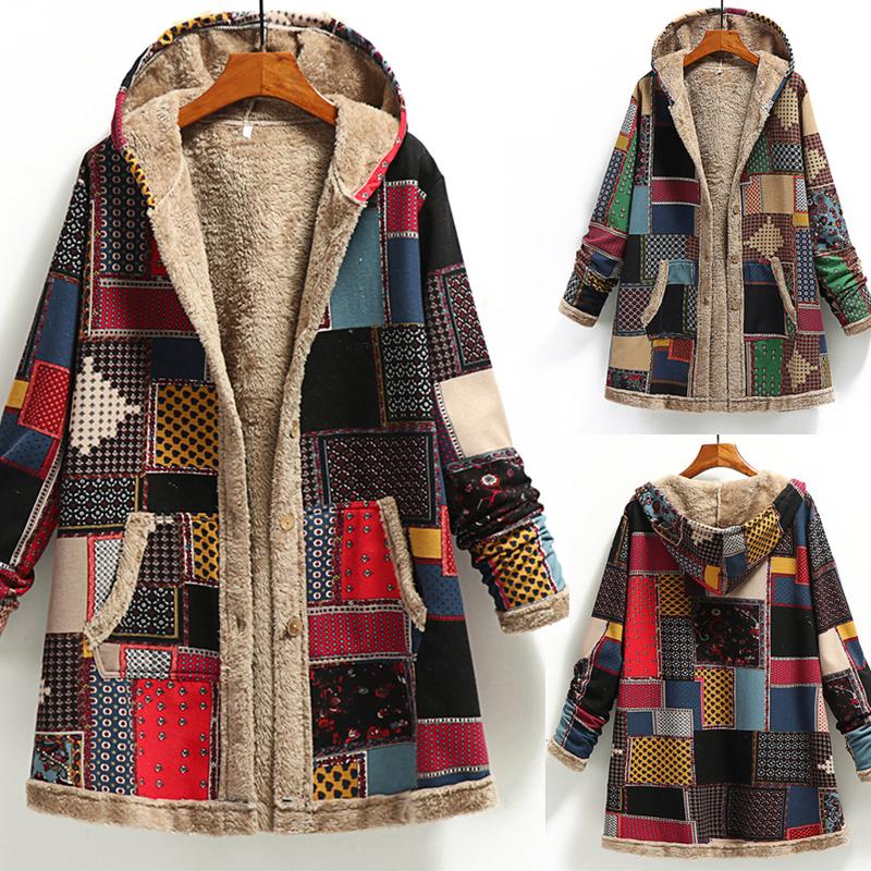Winter Ladies Hooded Jacket Long Sleeve Loose Printed Jacke