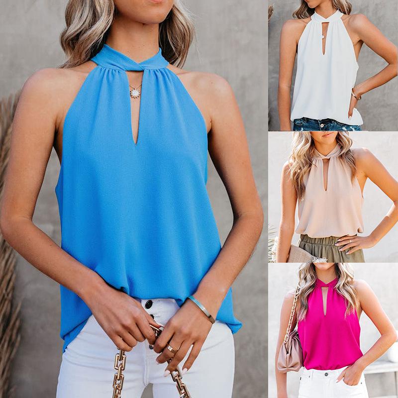 women's new halter neck lace up chiffon vest sleeveless to