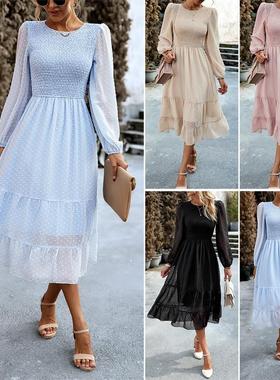 蓝色连衣裙长裙 Autumn Blue Jacquard Elegant Solid Long Dress