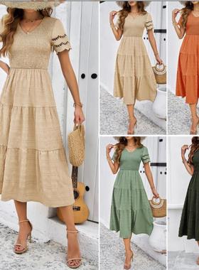 女裙黑色裙Summer Orange Pleated Short Sleeved A-line Dresses