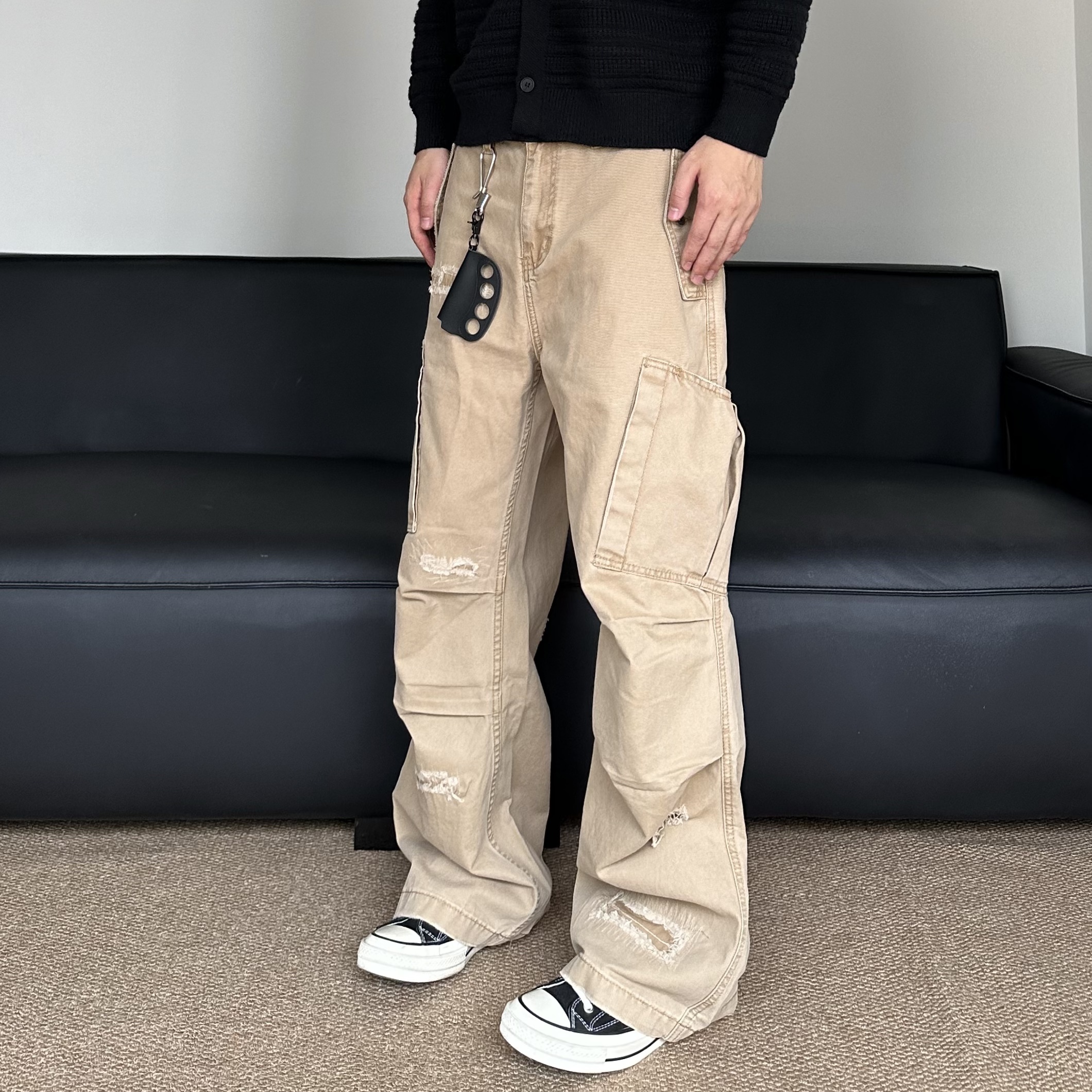 复古假破洞破坏斜袋工装裤