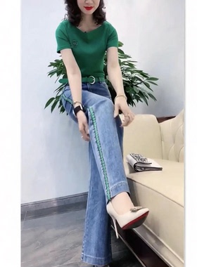 22609大爱美依缘夏季新款绿色短袖T恤高腰直筒长牛仔裤显瘦女