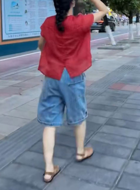 25723新大爱美依缘2025夏季新款纯色宽松开叉上衣高腰牛仔短裤女