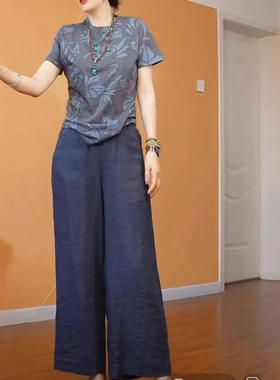 25601大爱美依缘2025夏季新款韩版印花短袖T恤休闲裤纯色直筒裤潮