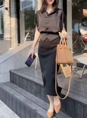 22388大爱美依缘2024夏季新款设计感翻领衬衫包臀半身裙修身显瘦