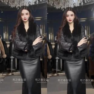 防狐狸皮毛毛皮皮草一体外套冬季简约保暖兔毛毛毛外套保暖大衣PU