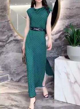 发9178大爱美依缘2025夏季新款绿色点裙无袖收腰长裙女修身连衣裙