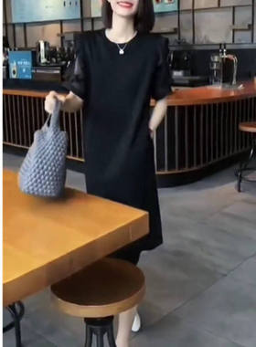22676大爱美依缘2025夏季新款韩版木耳边黑色连衣裙中长款显瘦女