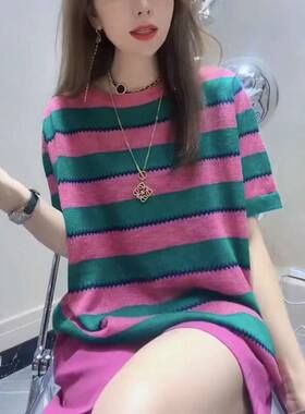 23158大爱美依缘2025新款粉绿条纹圆领休闲上衣宽松遮肉洋气女潮