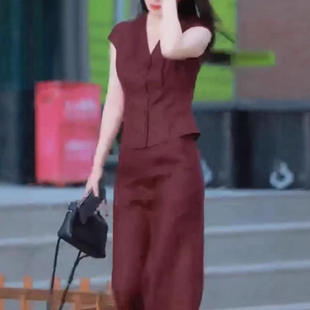 25629大爱美依缘夏季新款纯色V领收腰上衣开叉半身裙两件套女