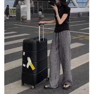 24125大爱美依缘2025夏季新款黑色净版T恤高腰阔腿直筒格纹长裤女