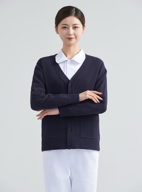 外穿护士毛衣外套开衫加厚加绒不起球女薄款医院大码工作服粉蓝色