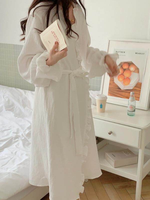 NIGHTGOWN WOMENS AUTUMN WINTER LONG SLEEVE MID-LENGTH BATHROBE KOREAN SWEET RUFFLES COTTON GAUZE PAJAMAS LOUNGEWEAR SPRING
