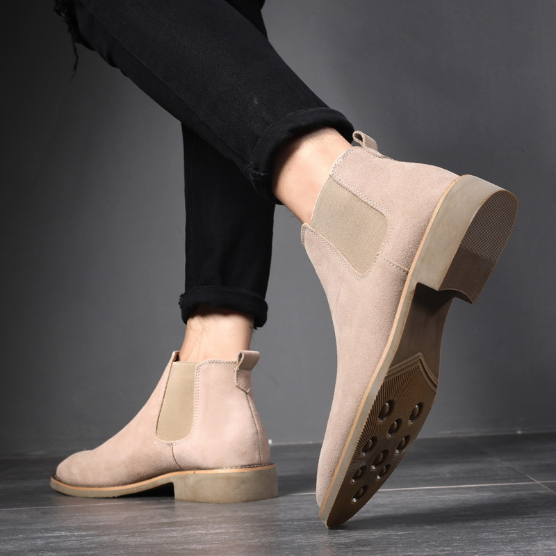 BRITISH CHELSEA BOOTS MENS LEATHER SUEDE CASUAL BOOTS POINTED TOE RETRO HEIGHTENED VELVET MARTIN BOOTS MENS HIGH-TOP