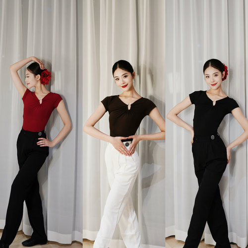 Fairy拉丁舞上衣摩登上衣女短袖显瘦连体衣含胸垫女舞服