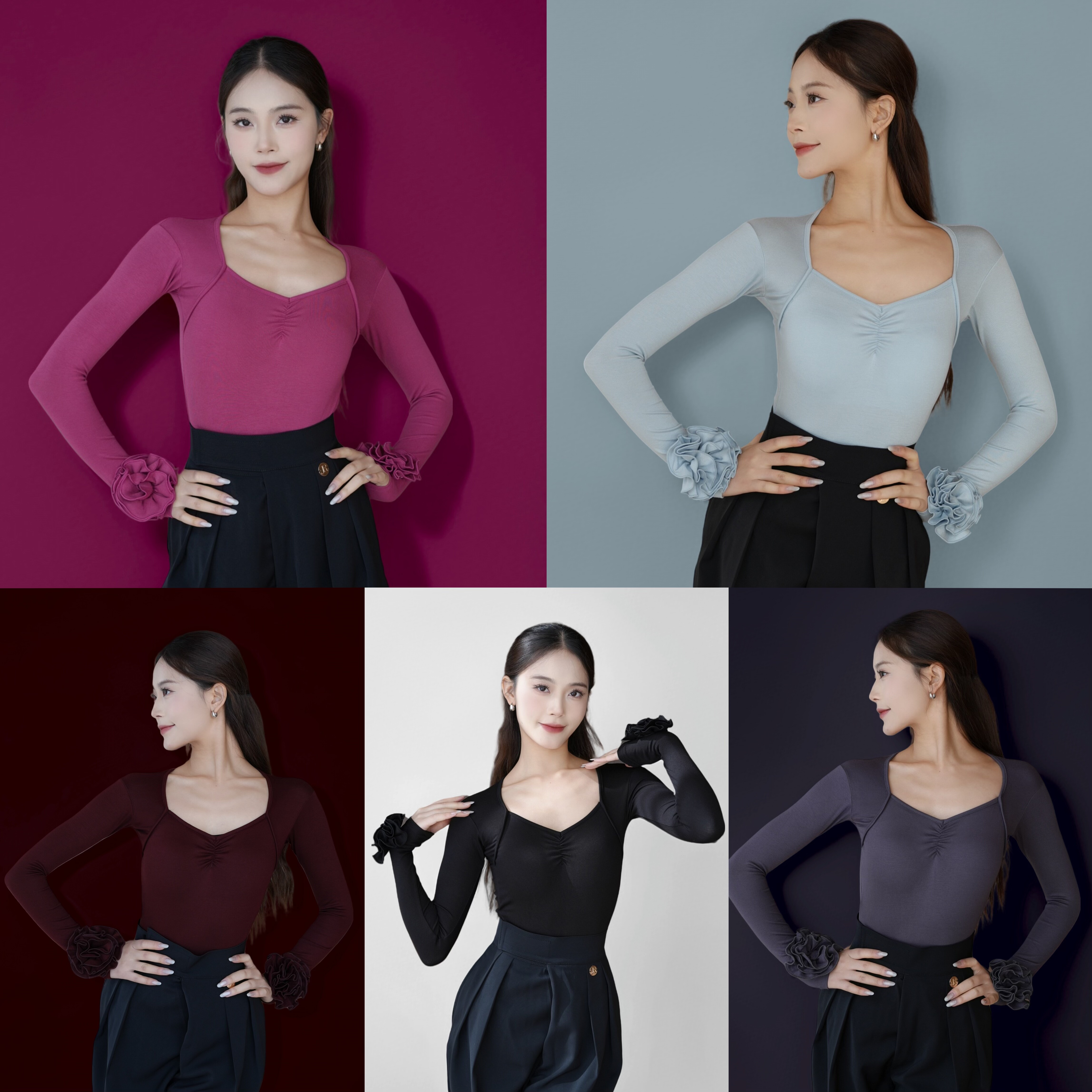 梵星国标舞服摩登舞女秋新款花朵装饰长袖练功服摩登拉丁训练服