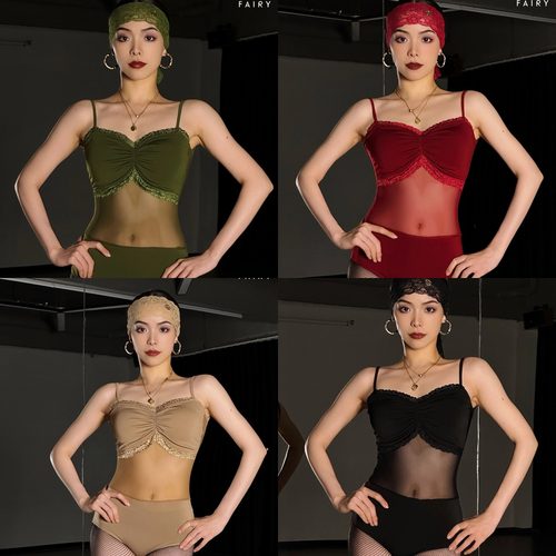 FAIRY舞服女新款连体玫瑰蕾丝网纱拉丁舞上衣吊带含发带