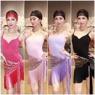 Fairy舞服新款吊带修身显瘦豹纹流苏臀巾拉丁舞彩色薄夏季新款女