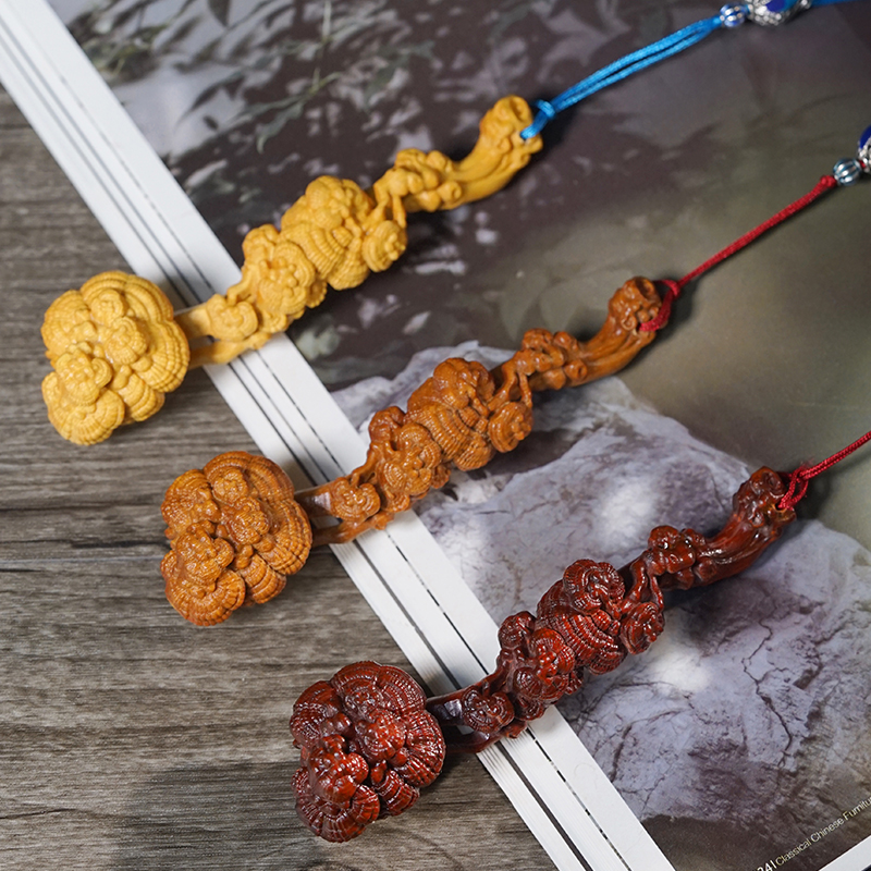 檀木雕刻灵芝如意手把件小摆件把玩摆饰实木雕刻木质木作工艺品