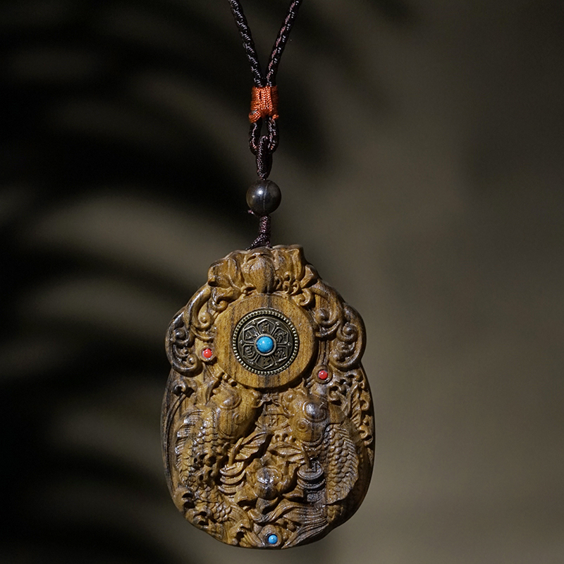 沉香木雕刻平安牌脖挂双鱼转转吊坠年年有余项链车挂件手把玩小件