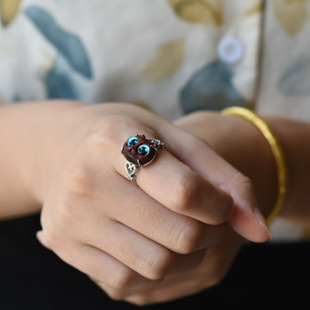 玄同犀角小叶紫檀小猫咪戒指男士女士素戒情侣对戒尾戒文玩礼物