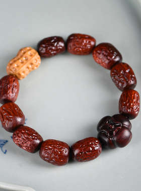 犀角紫檀手串手工红枣珠花生柿子喜事连连雕刻男女紫檀佛珠老料