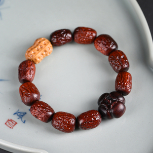 犀角紫檀手串手工红枣珠花生柿子喜事连连雕刻男女紫檀佛珠老料