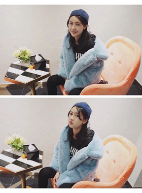 5折清仓 Mobius K 湖蓝色加棉厚实保暖环保皮草外套