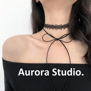 原创复古黑色蕾丝choker韩国 短款颈带项圈绒绳简约锁骨链chocker