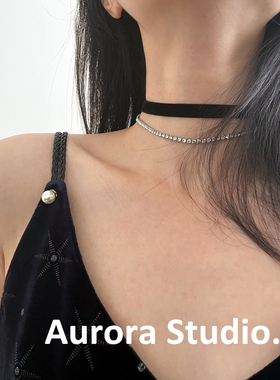 双层女弹力丝绒钛钢choker项圈