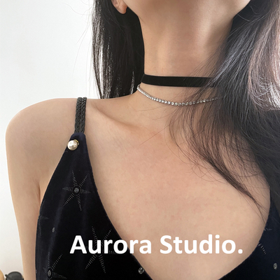 双层女弹力丝绒钛钢choker项圈